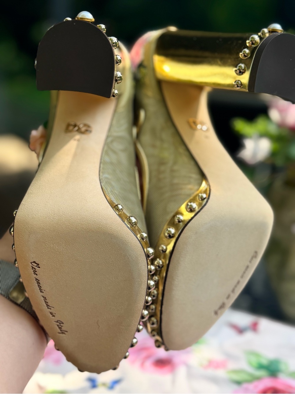Dolce & Gabbana Gold Mesh & Leather Floral Studded Block Heel Mary Janes Size 40 - Picture 4 of 14